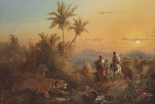 Картина "javanese landscape, with tigers listening to the sound of a travelling group" художника "салех раден"