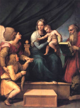 Картина "the madonna of the fish (the madonna with the archangel gabriel and st. jerome)" художника "санти рафаэль"