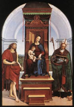 Картина "the madonna and child with st. john the baptist and st. nicholas of bari" художника "санти рафаэль"