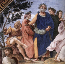 Картина "the parnassus, detail of homer, dante and virgil, in the stanze della segnatura" художника "санти рафаэль"