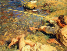 Репродукция картины "val d&#39;aosta. man fishing" художника "сарджент джон сингер"