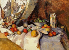 Репродукция картины "still life post, bottle, cup and fruit" художника "сезанн поль"