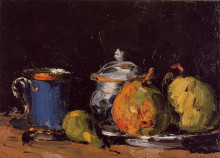 Картина "sugar bowl, pears and blue cup" художника "сезанн поль"