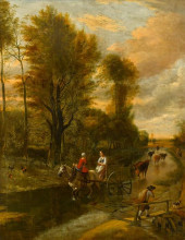 Репродукция картины "a horse-drawn cart with two women travelling down a flooded road at the edge of a wood" художника "сиберехтс ян"