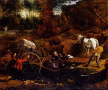 Копия картины "figures with a cart and horses fording a stream" художника "сиберехтс ян"