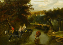 Репродукция картины "a wooded landscape with peasants in a horse-drawn cart travelling down a flooded road" художника "сиберехтс ян"
