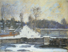 Репродукция картины "the watering place at marly le roi in winter" художника "сислей альфред"