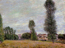 Репродукция картины "the village of moret, seen from the fields" художника "сислей альфред"