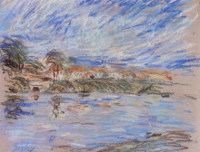 Репродукция картины "view of a village by a river" художника "сислей альфред"