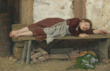 Картина "sleeping girl on a wooden bench" художника "анкер альберт"