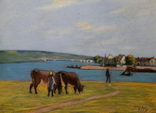 Копия картины "cows by the seine at saint mammes" художника "сислей альфред"