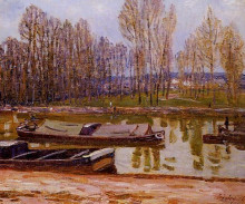Репродукция картины "barges on the loing canal, spring" художника "сислей альфред"
