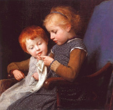 Репродукция картины "the little knitters" художника "анкер альберт"