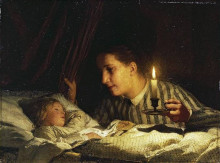 Картина "young mother contemplating her sleeping child in candlelight" художника "анкер альберт"