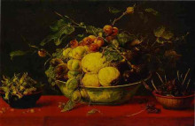 Картина "fruits in a bowl on a red tablecloth" художника "снейдерс франс"