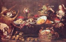Картина "large still life with a lady and parrot" художника "снейдерс франс"