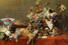 Картина "still life with fruit, dead game, vegetables, a live monkey, squirrel and cat" художника "снейдерс франс"