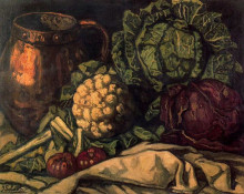Копия картины "still life with red cabbage, copper, cauliflower and cabbage" художника "солана хосе гутьеррес"