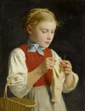 Репродукция картины "young girl knitting" художника "анкер альберт"