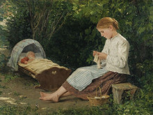 Репродукция картины "knitting girl watching the toddler in a craddle" художника "анкер альберт"