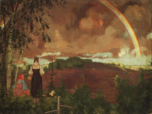 Репродукция картины "пейзаж с двумя крестьянскими девушками и радугой" художника "сомов константин"