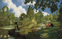 Репродукция картины "спящая молодая женщина в парке" художника "сомов константин"