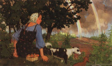Репродукция картины "девушка с грибами под радугой" художника "сомов константин"