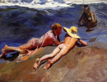 Репродукция картины "on the sand, valencia beach" художника "соролья хоакин"