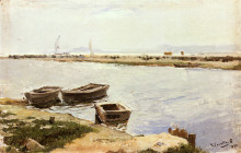 Картина "three boats by a shore" художника "соролья хоакин"