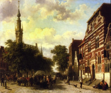 Репродукция картины "a busy market in veere with the clocktower of the town hall beyond" художника "спрингер корнелис"
