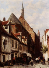 Копия картины "a busy street in bremen with the saint johann church in the background" художника "спрингер корнелис"