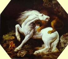 Репродукция картины "horse attacked by a lion" художника "стаббс джордж"