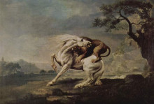 Репродукция картины "lion attacking a horse" художника "стаббс джордж"