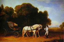 Картина "park phaeton with a pair of cream pontes in charge of a stable lad with a dog" художника "стаббс джордж"
