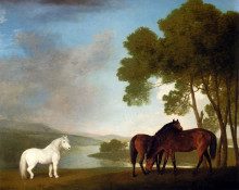 Картина "two bay mares and a grey pony in a landscape" художника "стаббс джордж"