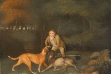 Картина "freeman, the earl of clarendon&#39;s gamekeeper, with a dying doe and hound" художника "стаббс джордж"