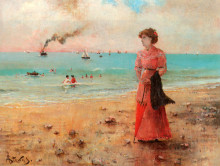 Репродукция картины "young woman with the red umbrella by the sea" художника "стевенс альфред"