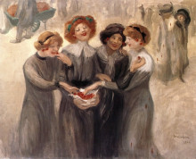 Картина "four women with a basket of cherries" художника "стейнлен теофиль"