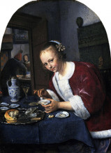 Репродукция картины "girl eating oysters" художника "стен ян"