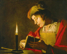 Картина "young man reading by candle light" художника "стом маттиас"