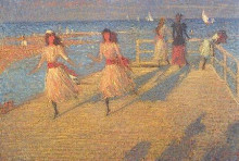 Репродукция картины "girls running, walberswick pier" художника "стэр филип уилсон"