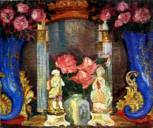 Репродукция картины "натюрморт с фарфоровыми фигурками и розами" художника "судейкин сергей"