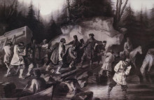 Репродукция картины "петр i перетаскивает суда из онежского залива в онежское озеро в 1702 году" художника "суриков василий"