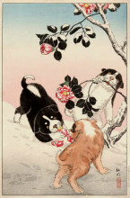 Картина "camellia and puppies in snow" художника "такахаси шотэй"