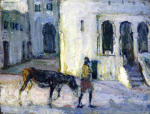 Репродукция картины "man leading a donkey in front of the palais de justice, tangier" художника "таннер генри оссава"