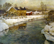 Копия картины "cottage by a canal in the snow" художника "таулов фриц"
