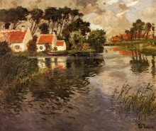 Копия картины "cottages by a river" художника "таулов фриц"