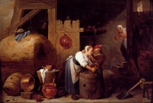 Копия картины "interior scene with a young woman scrubbing pots while an old man makes advances" художника "тенирс младший давид"