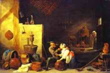 Копия картины "an old peasant caresses a kitchen maid in a stable" художника "тенирс младший давид"