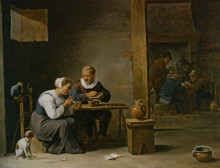Картина "a man and woman smoking a pipe seated in an interior with peasants playing cards on a table" художника "тенирс младший давид"